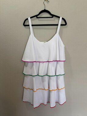 Versona Strappy White Tiered Colorful Trim Ruffle Mini Dress Size XL
